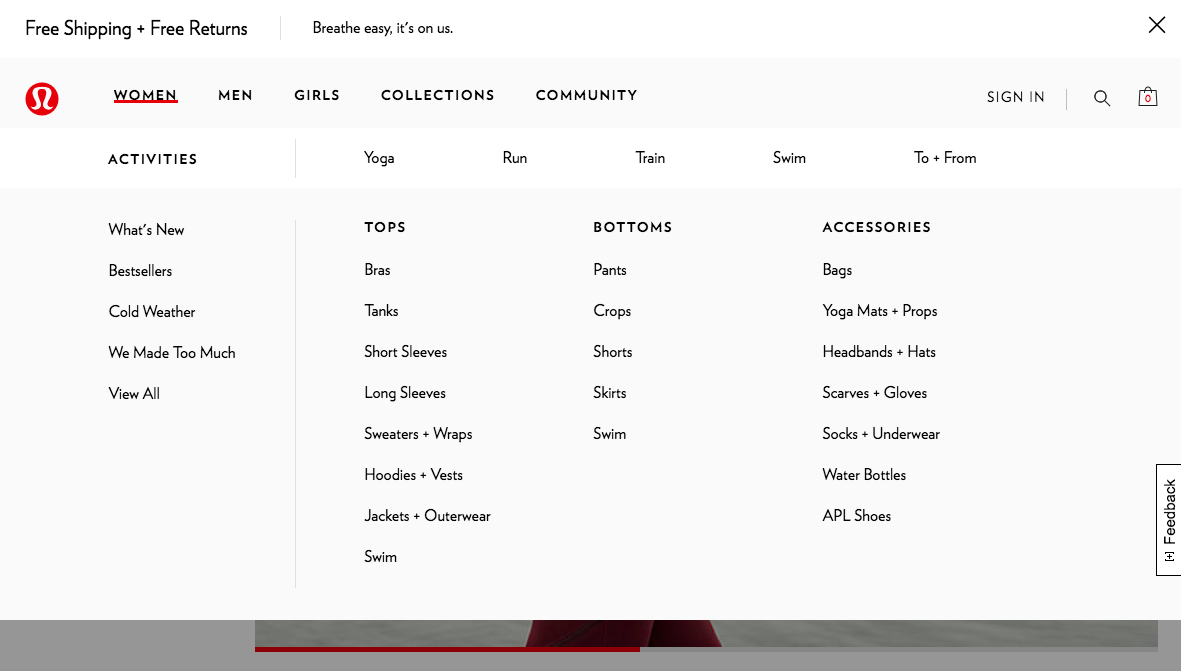 Lululemon website navigation